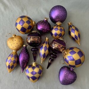 Rare Collection Purple Gold Christmas Glass Ornaments Breakable 14 Pieces